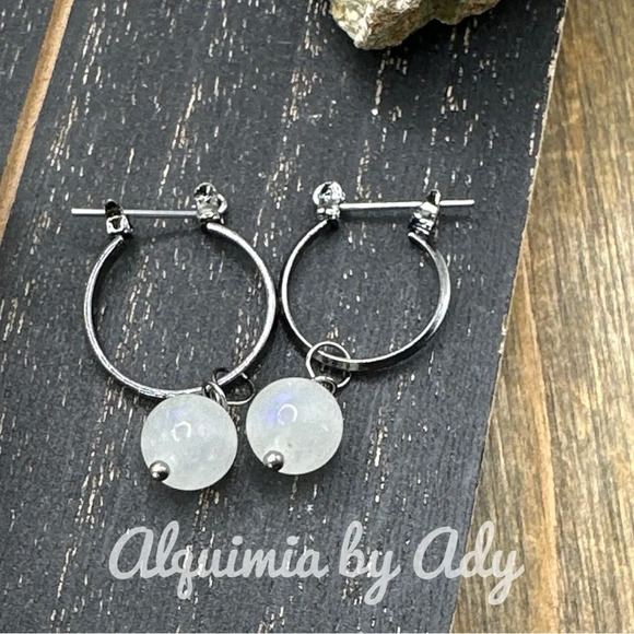 Selenite drops dangle earrings gunmetal mini hoops cleansing vibes - Picture 1 of 4